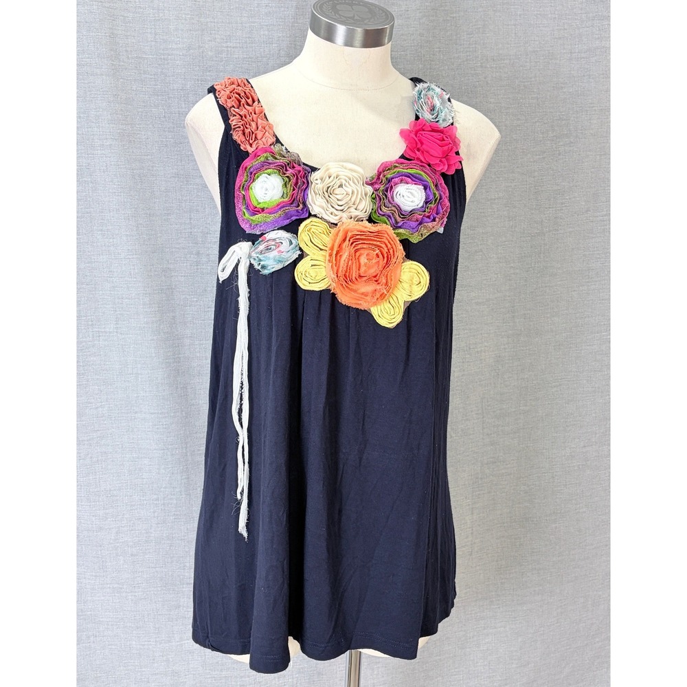 Feratelli Tank Top L Navy 3D Floral Rosette Applique Cotton Artsy Whimsical